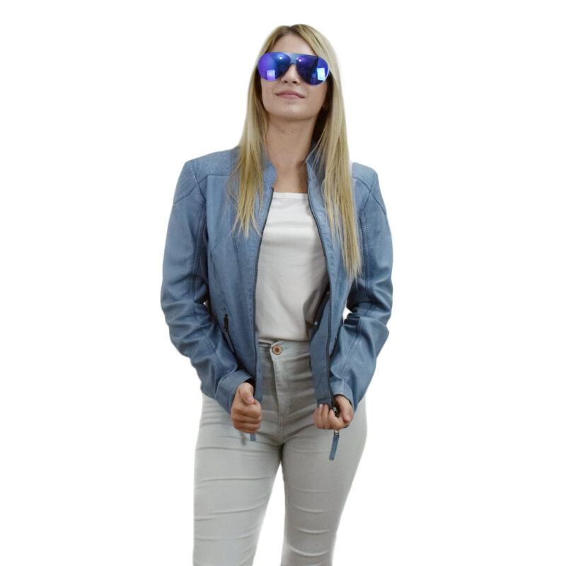 γυναικείο δερμάτινο μπουφάν - code Mia - σε γαλάζιο χρώμα - MODAPELLE