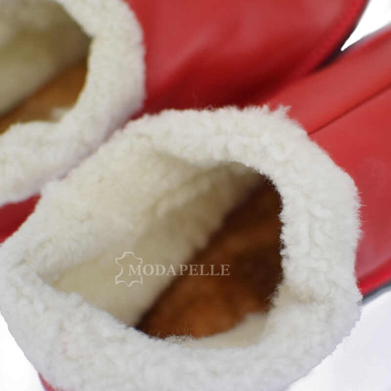 Γούνινες παντόφλες Καστοριάς γυναικείες κλειστές - σε κόκκινο χρώμα με δέρμα nappa εξωτερικά