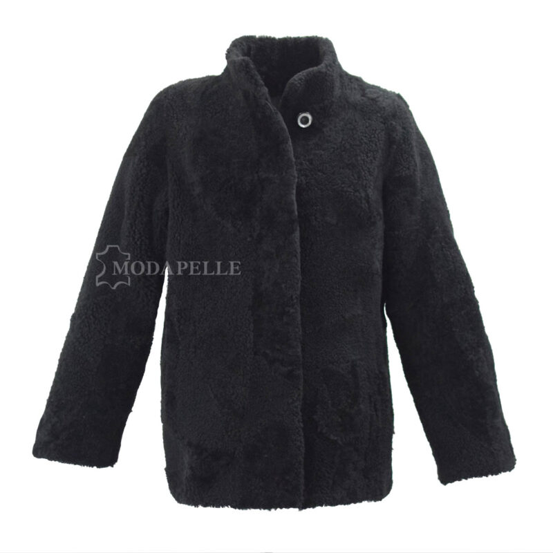 Women's mouton jacket in black colour, 100% genuine sheepskin leather