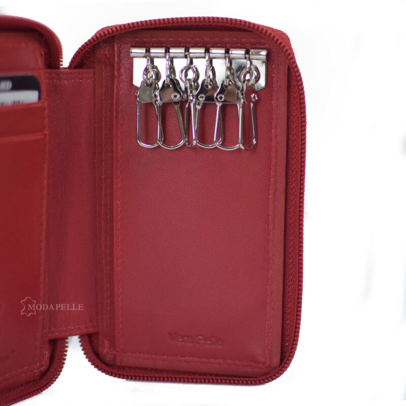 Leather key and card holder in red color