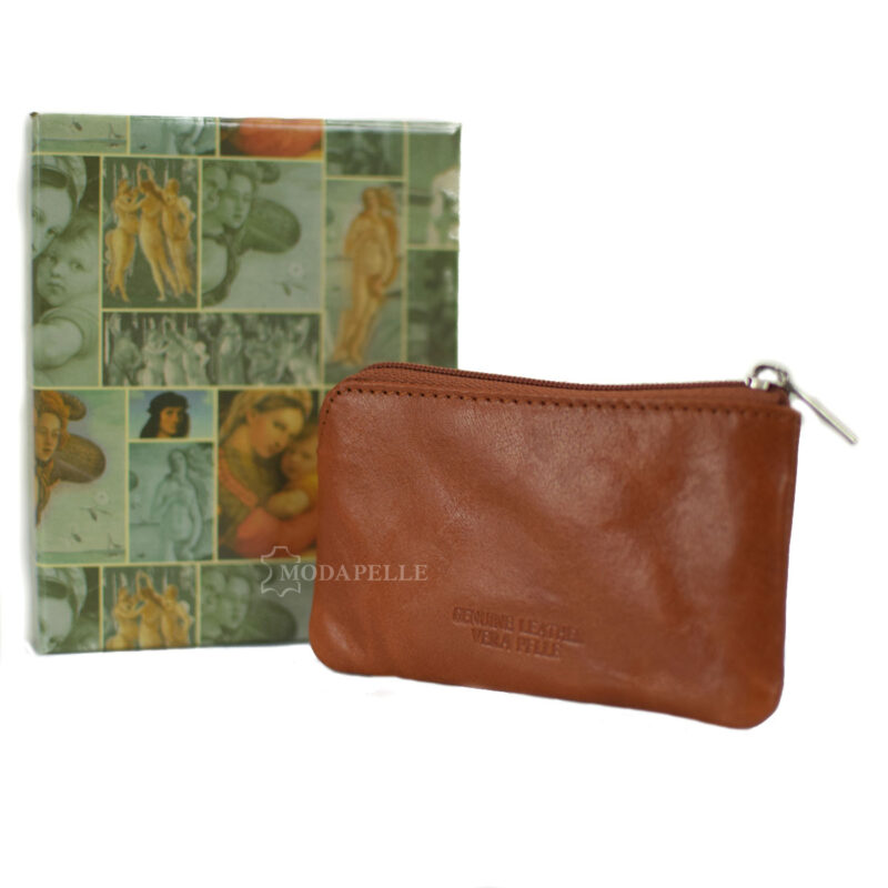 Leather key and coin pouch in tan color