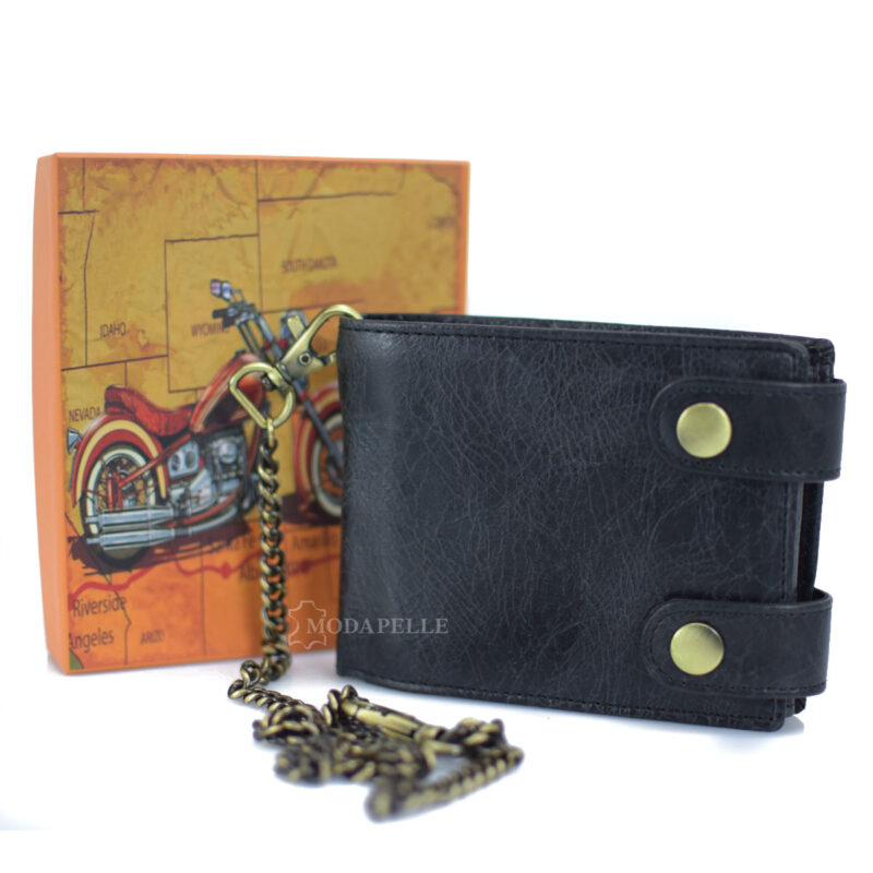 Leather men's wallet with chain in black color