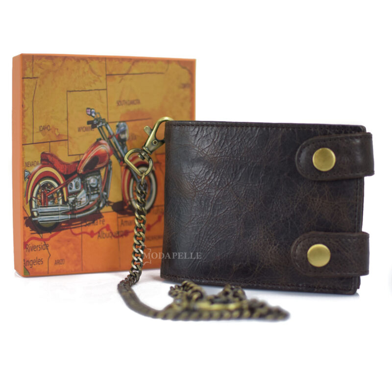 Leather men's wallet with chain in brown color