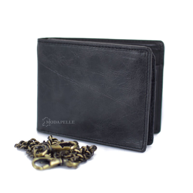 Leather men's wallet with chain in black color