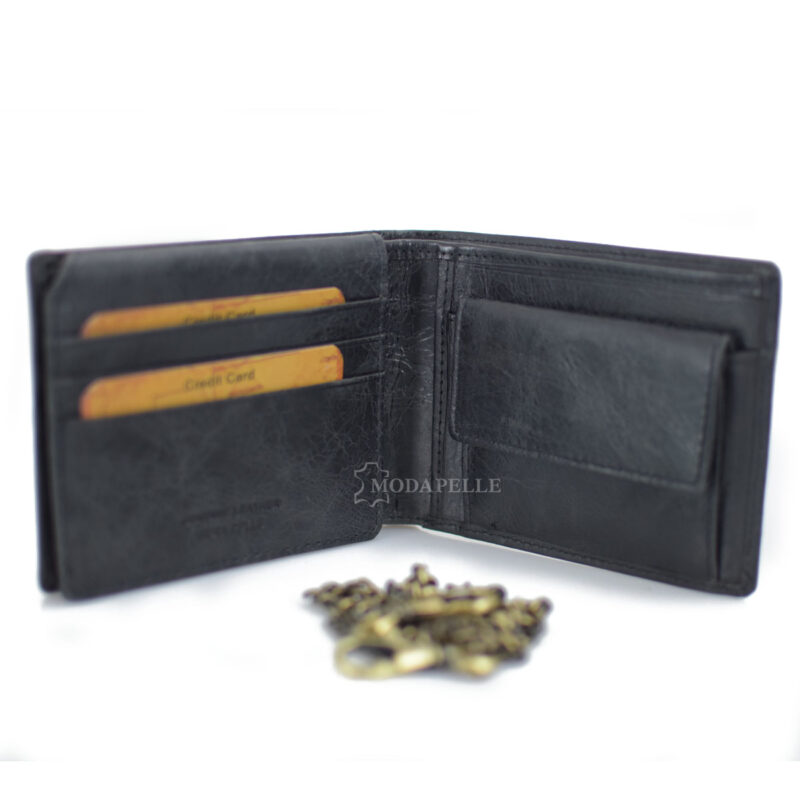 Leather men's wallet with chain in black color