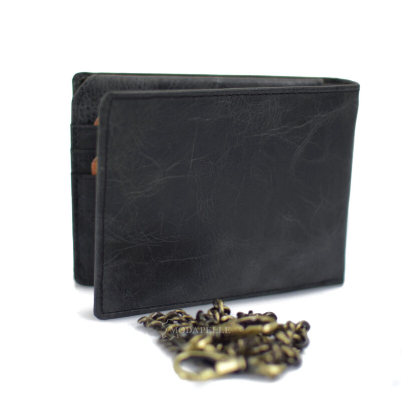 Leather men's wallet with chain in black color