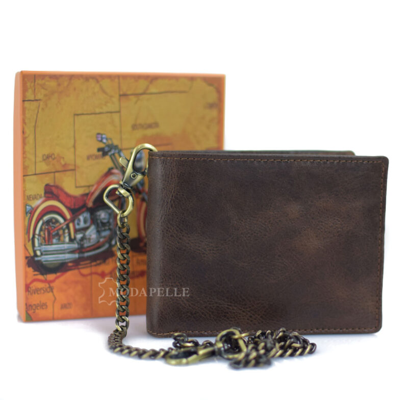 men's leather wallet with chain in brown color