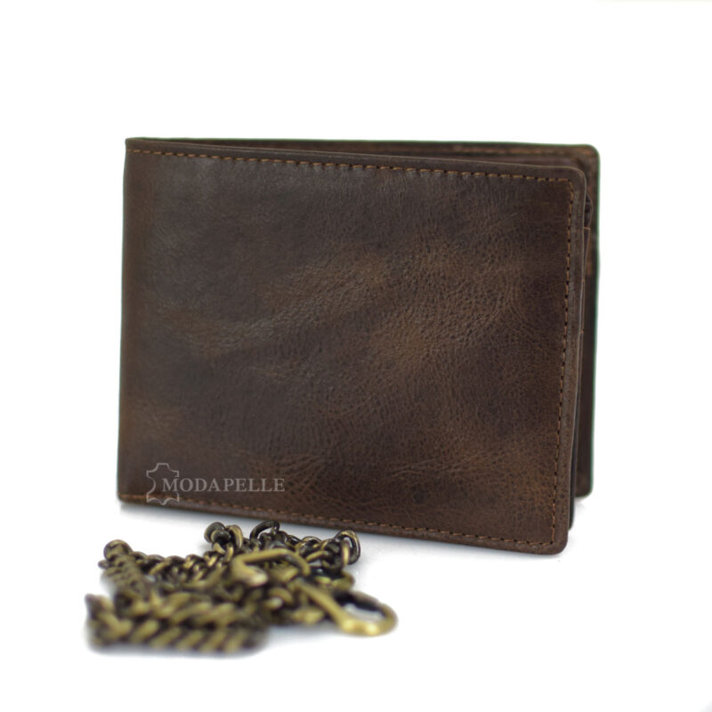 men's leather wallet with chain in brown color