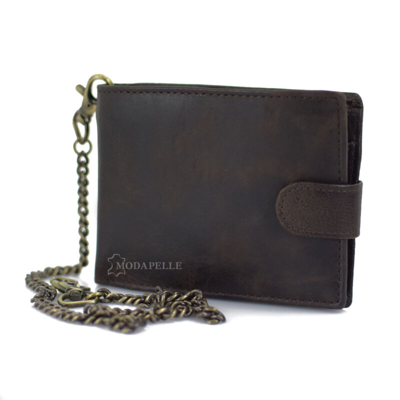 Men's leather wallet with a chain in brown color