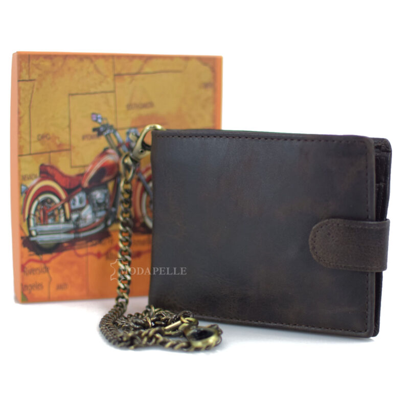 Men's leather wallet with a chain in brown color