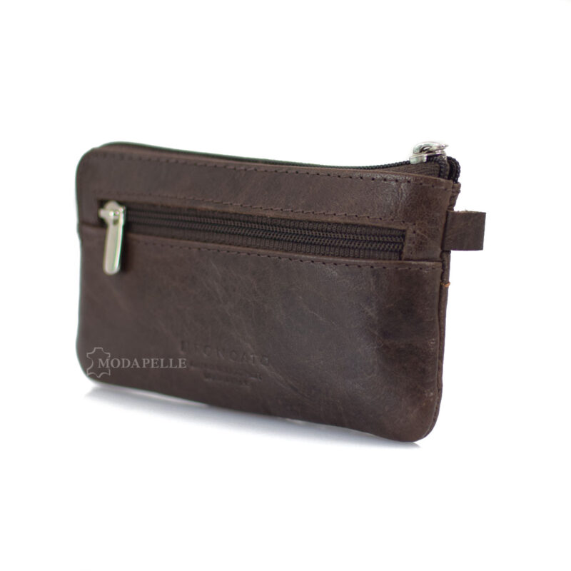 Leather key and coin pouch in brown color