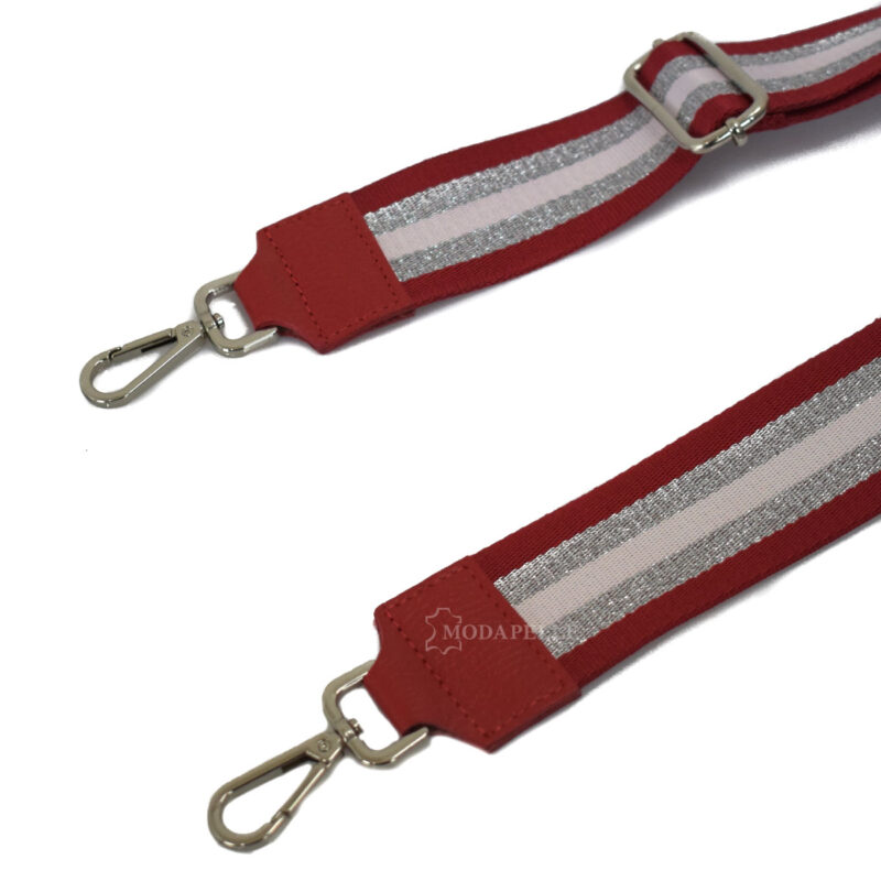 Adjustable bag strap with silver metallic parts and leather finishes