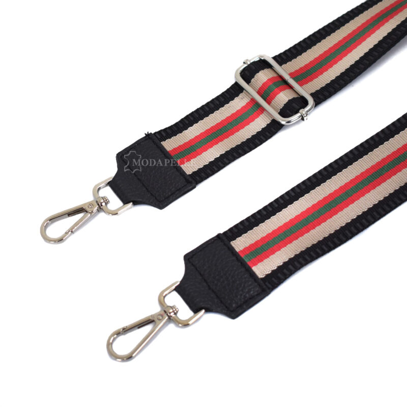 Adjustable bag strap, in red and green colors. With silver metallic parts and leather finishes