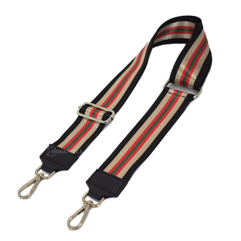 Adjustable bag strap, in red and green colors. With silver metallic parts and leather finishes