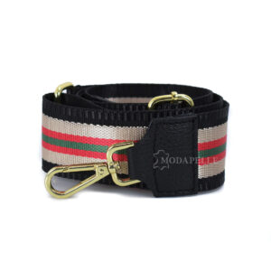 Adjustable bag strap, in green and red colors. With gold metallic parts and leather finishes
