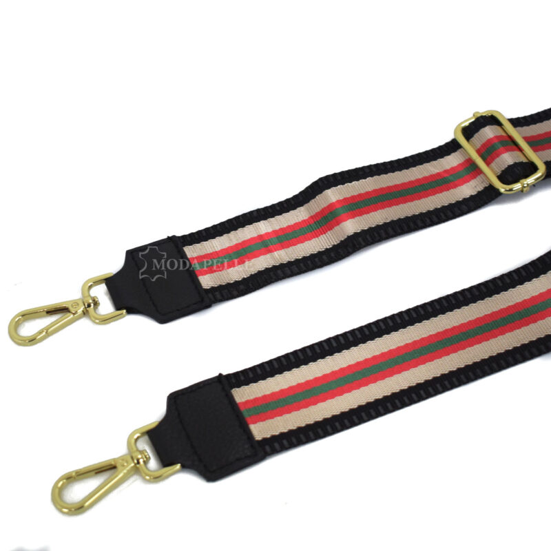 Adjustable bag strap, in green and red colors. With gold metallic parts and leather finishes