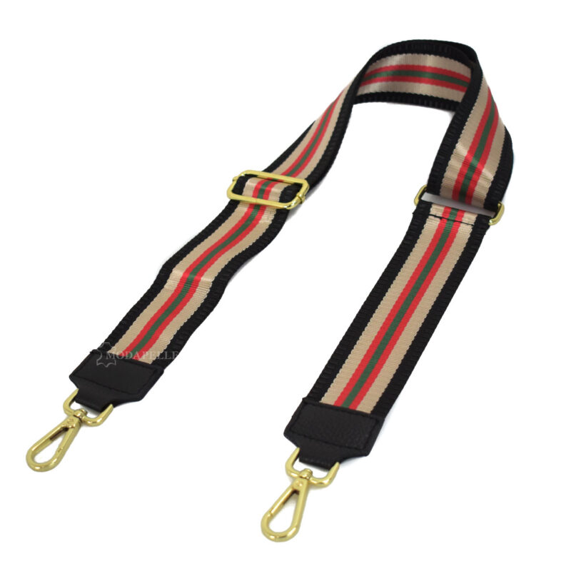 Adjustable bag strap, in green and red colors. With gold metallic parts and leather finishes