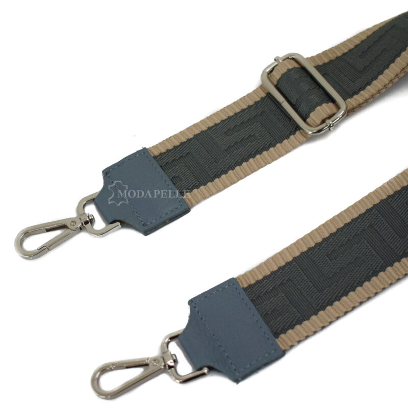 Adjustable bag strap, in grey color (meander texture). With silver metallic parts and leather finishes