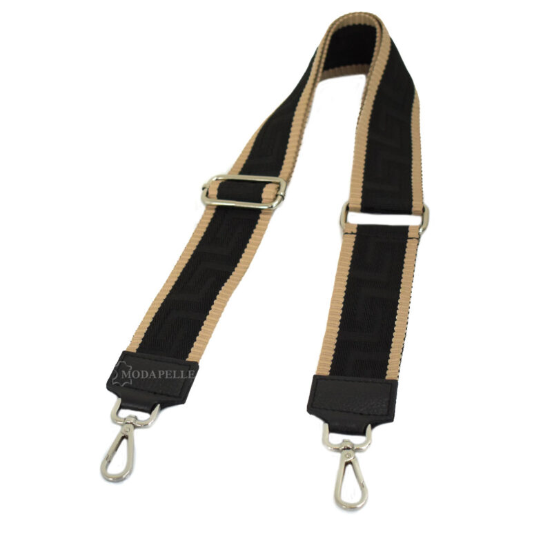 Adjustable bag strap, in black color (meander texture). With silver metallic parts and leather finishes