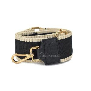 Adjustable bag strap, in black color (meander texture). With gold metallic parts and leather finishes