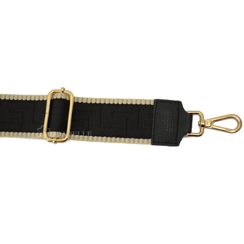 Adjustable bag strap, in black color (meander texture). With gold metallic parts and leather finishes