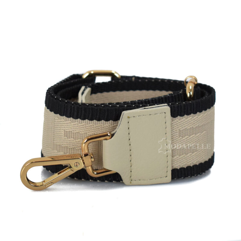 Adjustable bag strap, in beige color (meander texture). With gold metallic parts and leather finishes