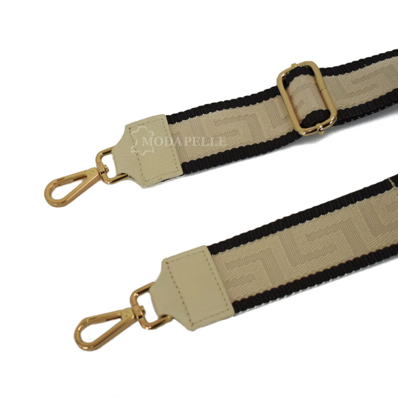 Adjustable bag strap, in beige color (meander texture). With gold metallic parts and leather finishes