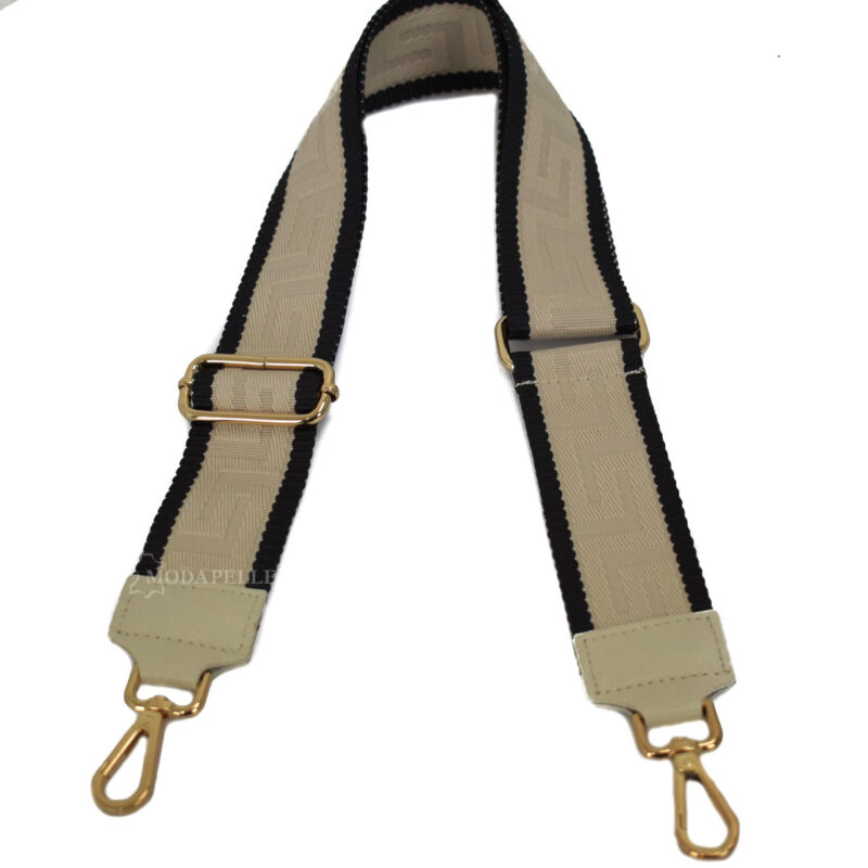 Adjustable bag strap, in beige color (meander texture). With gold metallic parts and leather finishes