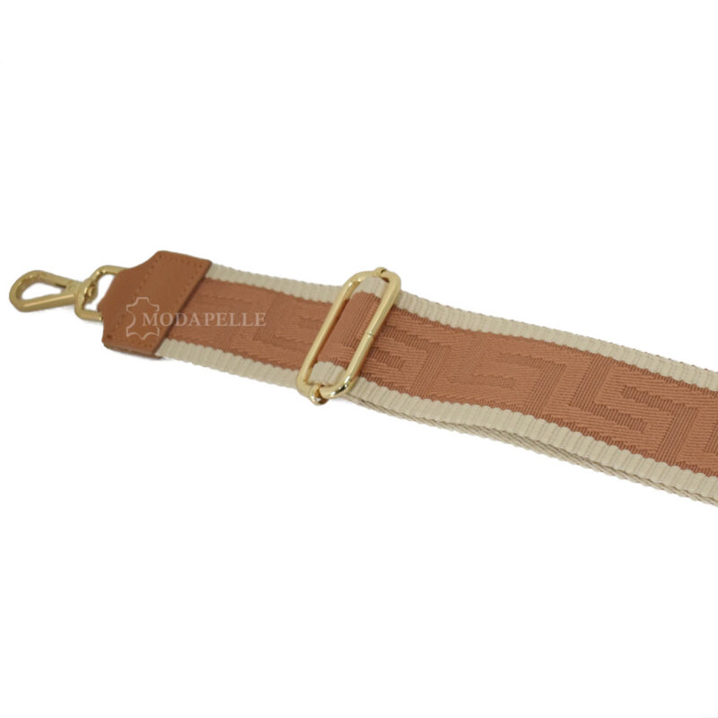 Adjustable bag strap, in tan color (meander texture). With gold metallic parts and leather finishes