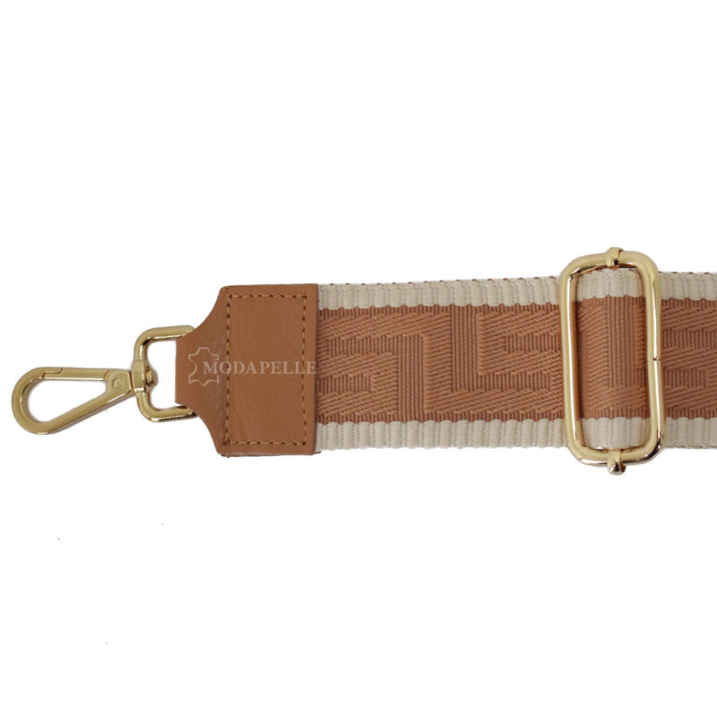 Adjustable bag strap, in tan color (meander texture). With gold metallic parts and leather finishes